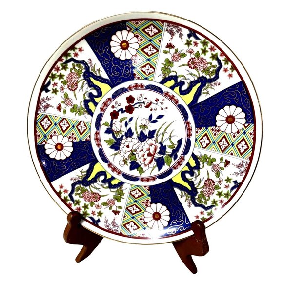 Imari Ware Plate Japan  Gorgeous Lime Green Navy Blue Deep Red Light Blue Gold - Picture 1 of 5